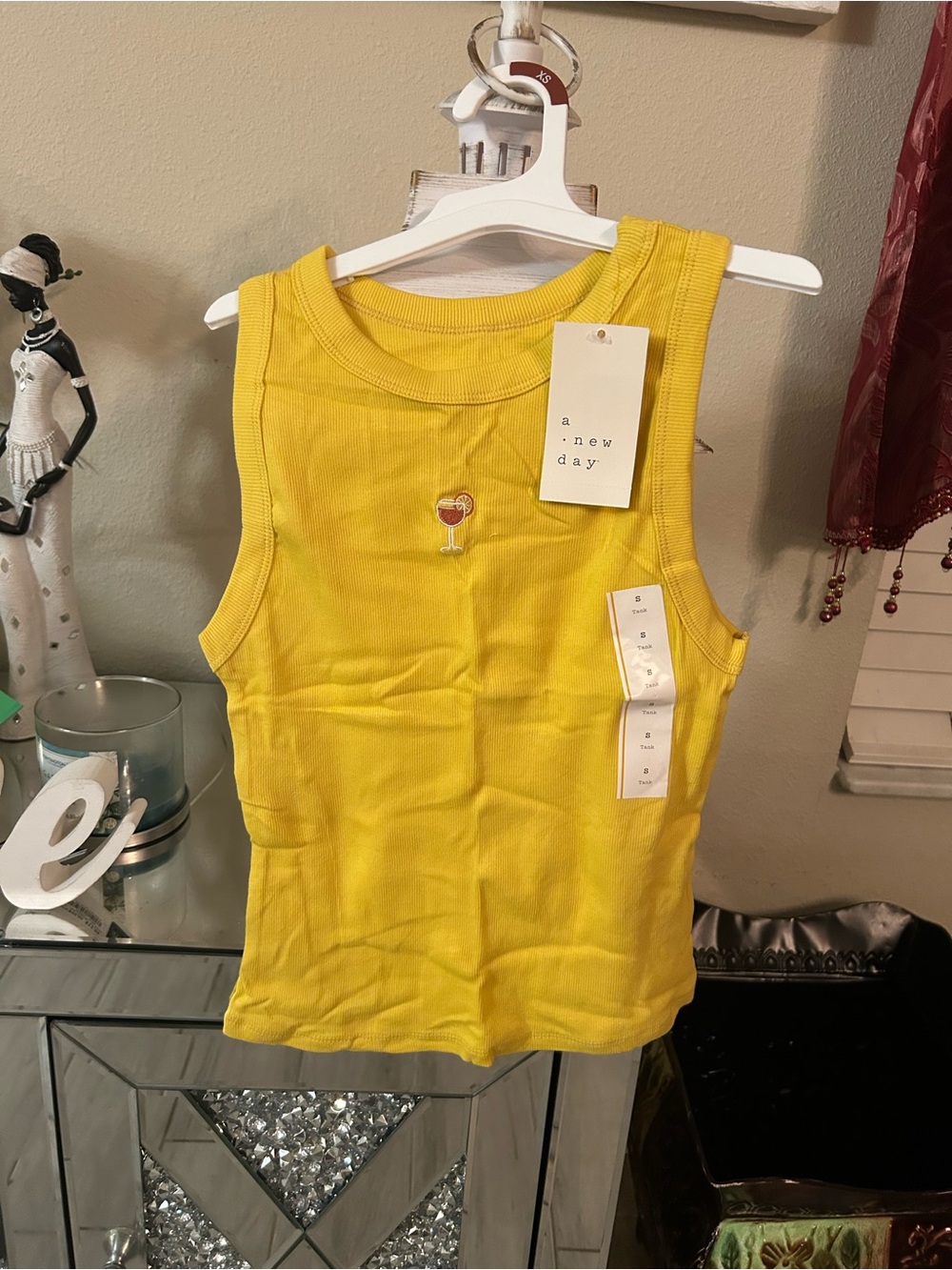 a new day Bright Yellow Ribbed Tank with cocktail Embroidery